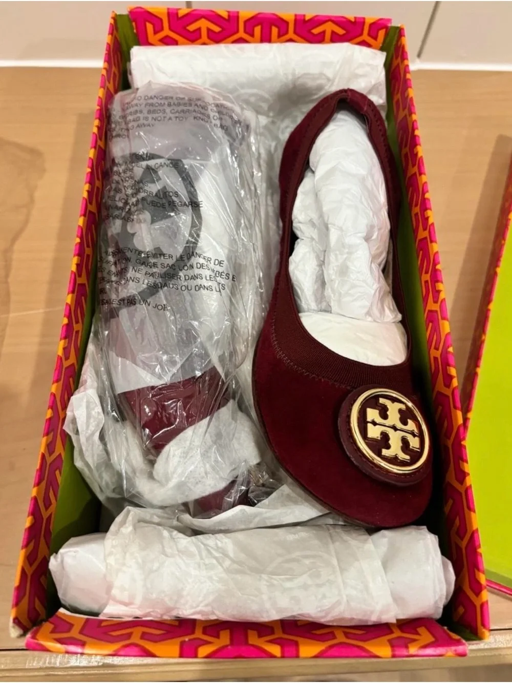 Tory Burch Wine Red Suede Logo Ballet Flats